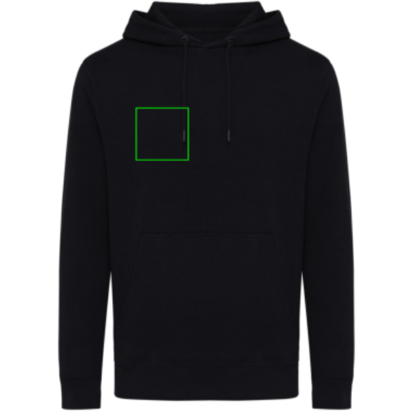 Standskizze: Druckverfahren Siebdruck Transfer auf Position „Brust Vorderseite rechts“ – iqoniq Rila Hoodie aus 30 % recycelter und 70 % Bio-Baumwolle, bedruckbar