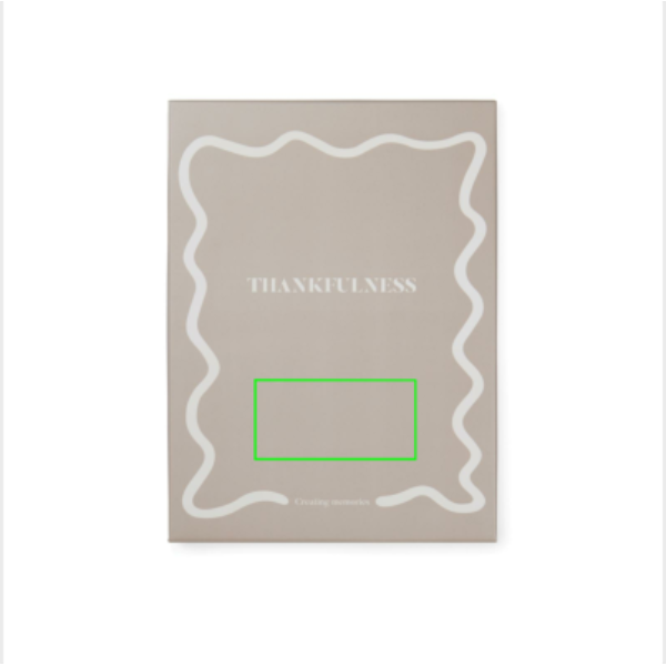 Standskizze: Druckverfahren Tampondruck auf Position „Box“ – VINGA Thankfulness Dankbarkeitstagebuch A5 mit Stoffeinband, GRS-Recyclingpapier