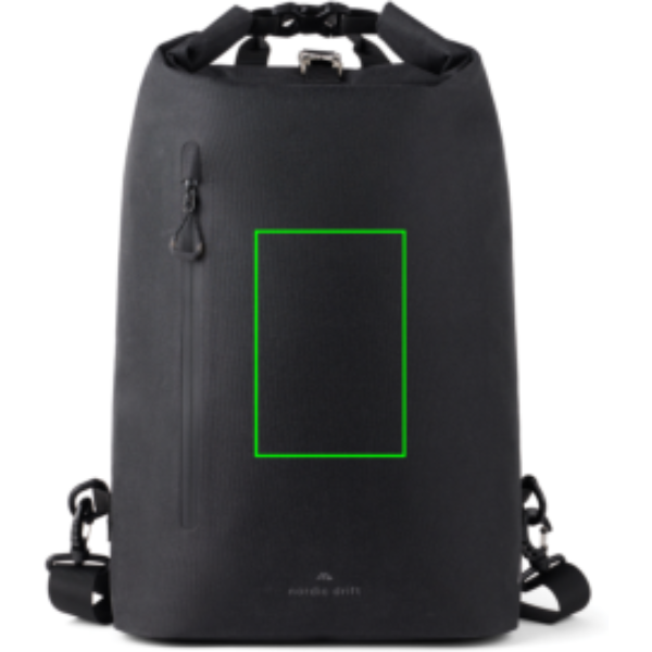 Standskizze: Druckverfahren Siebdruck Transfer auf Position „Artikel Vorderseite (max. 120 x 180 mm)“ – Nordic Drift Trail RCS Fahrradtasche 25 L mit Rollverschluss – bedruckbar