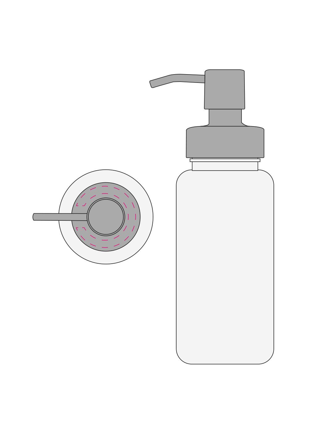 Standskizze: Druckposition „auf Schraubverschluss ringförmig (max. Ø 40 mm)“ – Seifenspender Superior 400 ml – Tritan-Gefäß mit Edelstahl-Pumpe