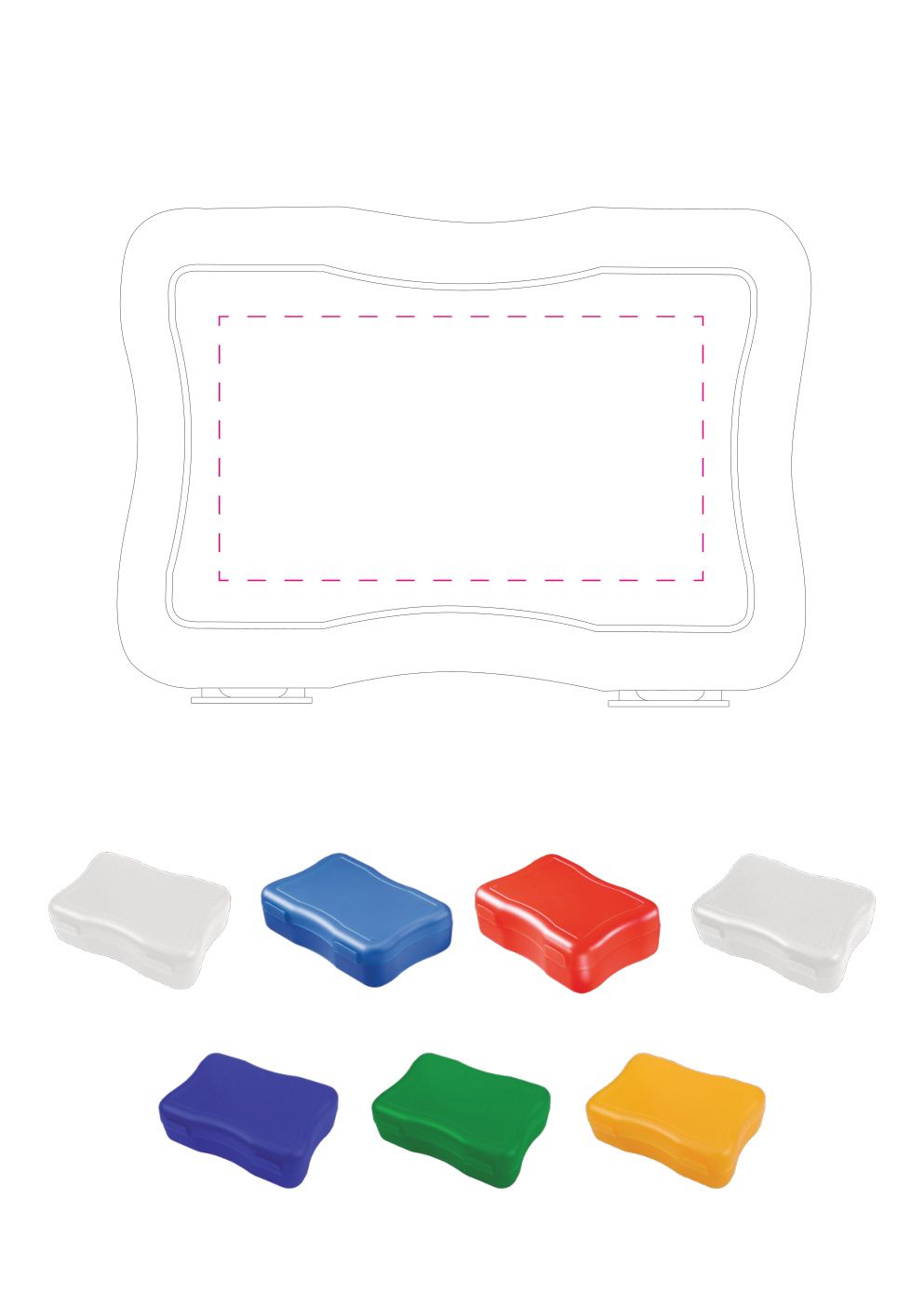 Standskizze: Druckposition „mittig (max. 110×60 mm)“ – Brotzeitdose Wave mittel – Kunststoff mit 2 Klickverschlüssen
