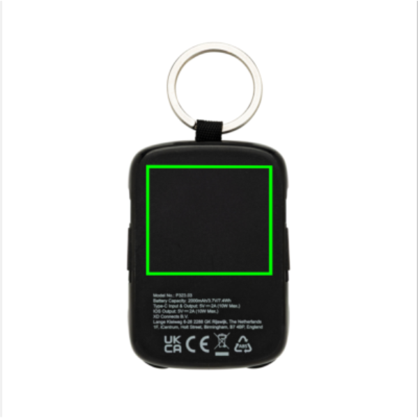 Standskizze: Druckverfahren Digitalprint auf Position „Artikel Rückseite“ – XD Collection Nexo Schlüsselanhänger-Powerbank 2.000 mAh mit Lightning- und USB-C-Kabel – bedruckbar