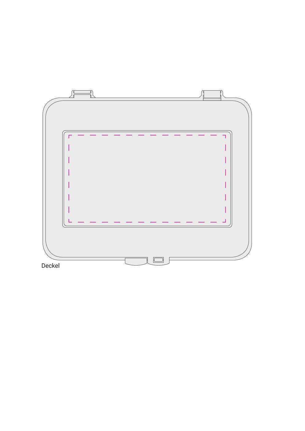 Standskizze: Druckposition „auf Deckel (max. 108×60 mm)“ – Vorratsdose Switch – Brotzeitdose mit Klick-Verschluss, 145 × 125 × 50 mm