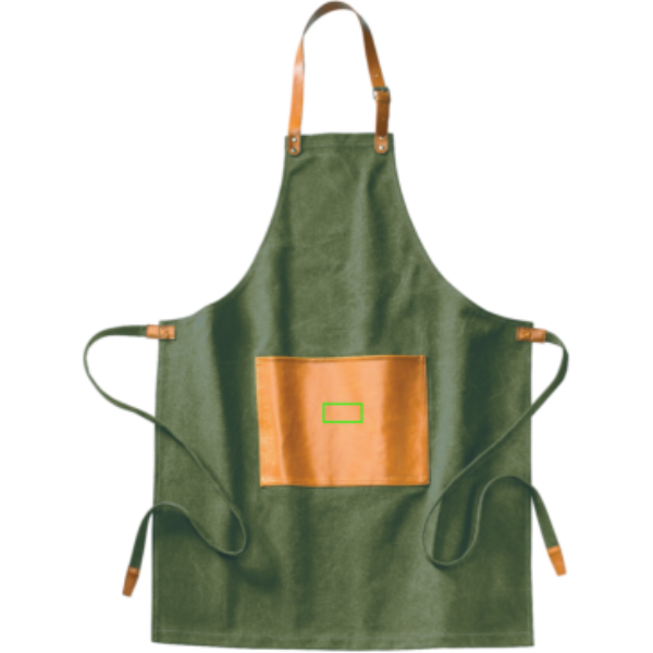 Standskizze: Druckverfahren PU-Etikett Baltimore grün auf Position „Tasche“ – VINGA Asado Küchenschürze aus stonewashed Segeltuch mit PU-Details
