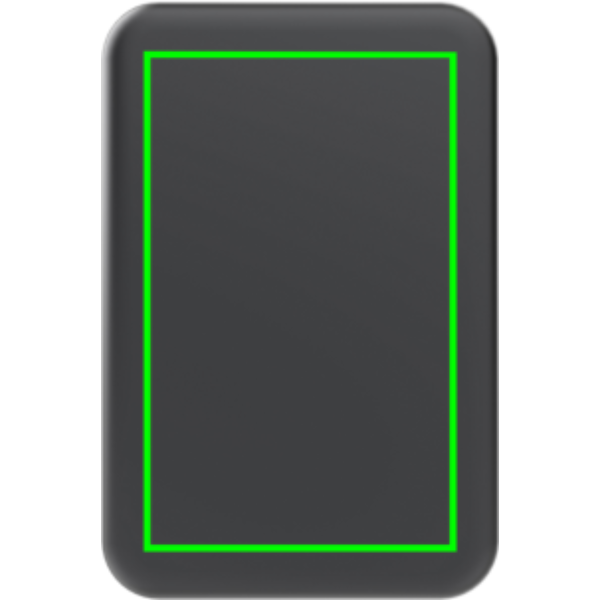 Standskizze: Druckverfahren Lasergravur auf Position „Artikel Rückseite“ – XD Xclusive Quantum RCS Powerbank 10.000mAh – magnetisch, 25W Wireless, bedruckbar