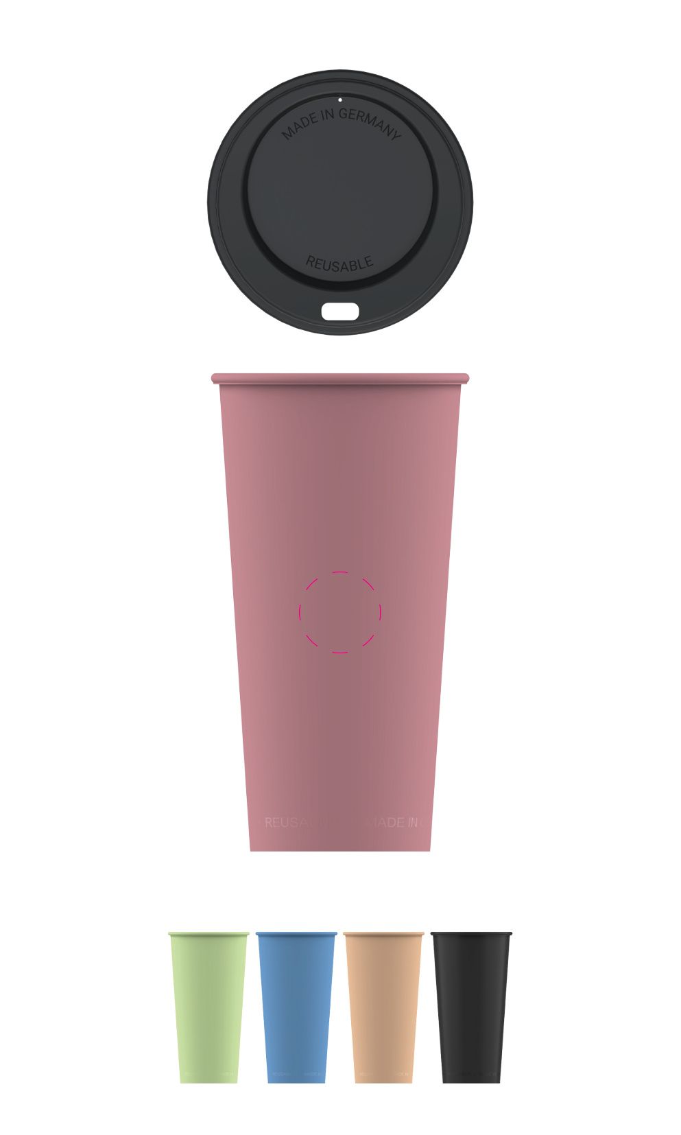 Standskizze: Druckposition „mittig (max. Ø 25 mm)“ – Kaffeebecher ToGo 0,4 l – Mehrwegbecher aus Kunststoff, spülmaschinenfest