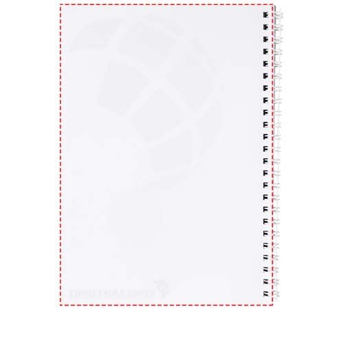 Standskizze: Druckverfahren Offsetdruck vollfarbig auf Position „Rückseite der Blätter (max. 210 x 297 mm)“ – Wiro A4 Notizblock mit Hardcover und Spiralbindung