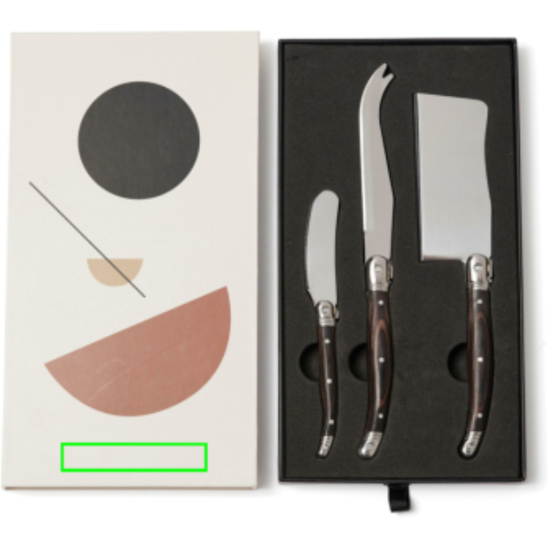 Standskizze: Druckverfahren Tampondruck auf Position „Box (max. 50 x 10 mm)“ – VINGA Gigaro Käsemesser-Set 3-tlg. mit Holzgriff in Geschenkbox