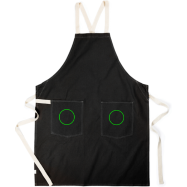 Standskizze: Druckverfahren Bestickung auf Position „Tasche“ – VINGA Sovano Schürze aus 70 % recycelter Baumwolle, 250 g/m², extra breit