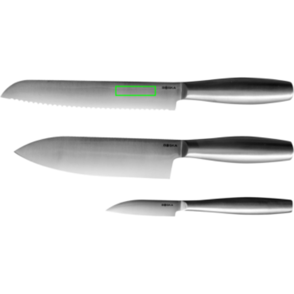 Standskizze: Druckverfahren Lasergravur auf Position „Messer (max. 40 x 10 mm)“ – BOSKA Küchenmesser Copenhagen 3er-Set Edelstahl mit Lasergravur
