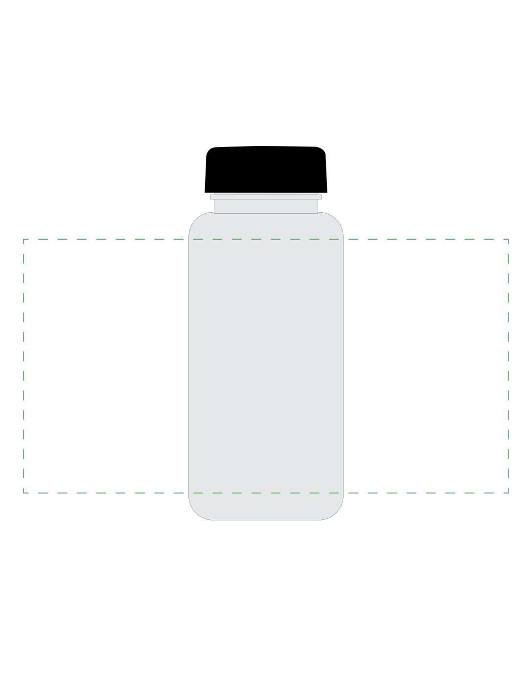 Standskizze: Druckposition „rundum auf transparente Flasche (max. 210×110 mm)“ – Trinkflasche Refresh 400 ml – Tritan mit Silikonstrap, auslaufsicher