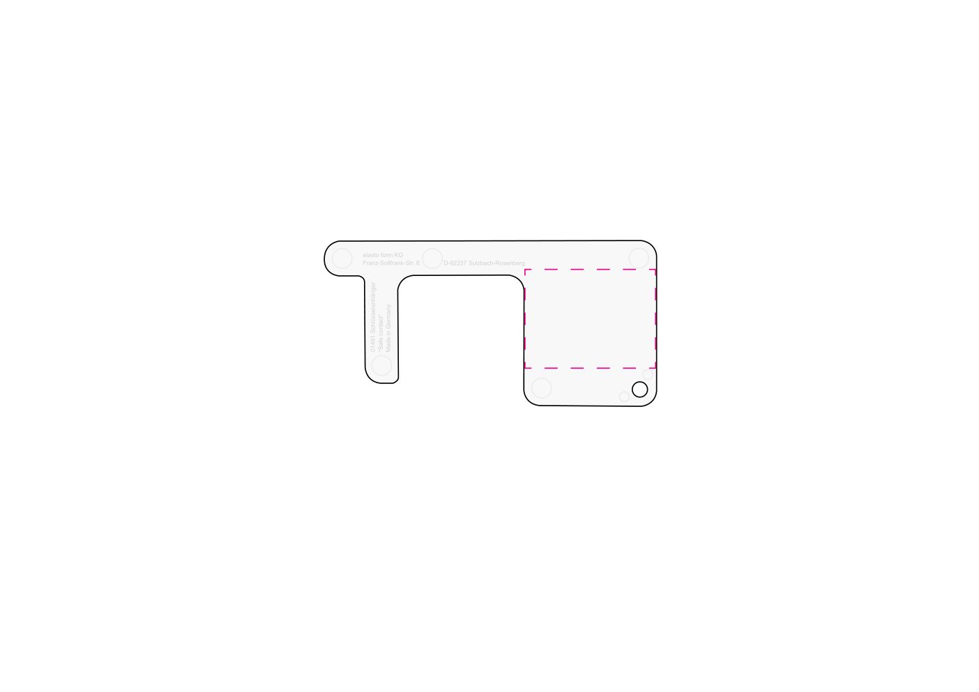 Standskizze: Druckposition „mittig auf rechte Fläche Rückseite (max. 40×30 mm)“ – Schlüsselanhänger Safe Contact – Kontaktlos-Tool aus Kunststoff, Made in Germany