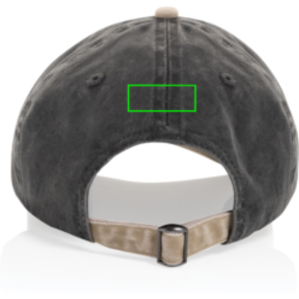 Standskizze: Druckverfahren Bestickung auf Position „Artikel Rückseite (max. 50 x 20 mm)“ – XD Xclusive BEAU AWARE™ Two-Tone 6-Panel-Cap aus recyceltem Cotton-Twill – bestickbar