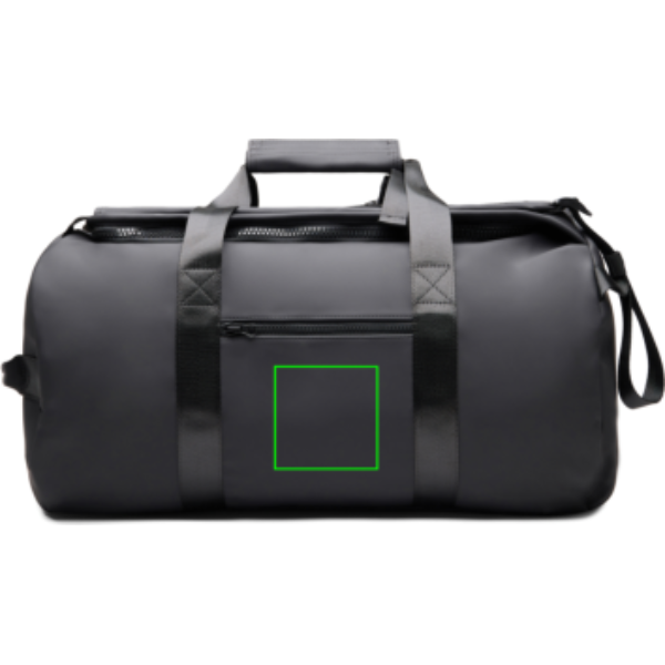 Standskizze: Druckverfahren PU-Etikett Baltimore schwarz auf Position „Artikel Vorderseite“ – VINGA Baltimore RCS Wochenend-Rucksack aus recyceltem Polyester