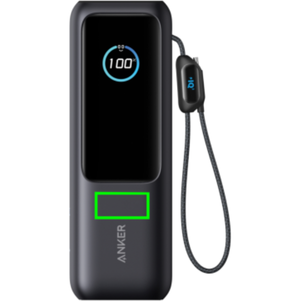 Standskizze: Druckverfahren Tampondruck auf Position „Artikel Vorderseite (max. 20 x 10 mm)“ – Anker Powerbank 25.000 mAh 165W mit integriertem USB-C-Kabel