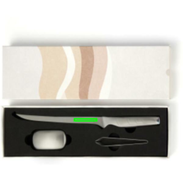 Standskizze: Druckverfahren Lasergravur auf Position „Messer (max. 50 x 8 mm)“ – VINGA Hattasan Filetier-Set mit Lasergravur, japanischer 420J-Edelstahl