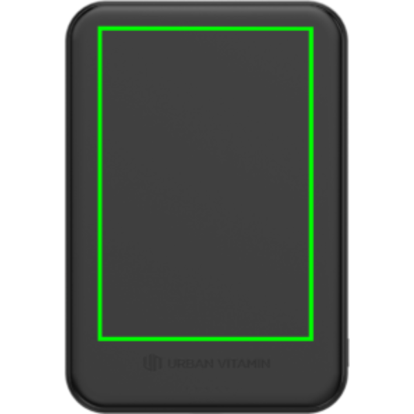 Standskizze: Druckverfahren Lasergravur auf Position „Artikel Rückseite“ – Urban Vitamin Pomona magnetische Powerbank 5000mAh Qi2.2 25W mit Logodruck