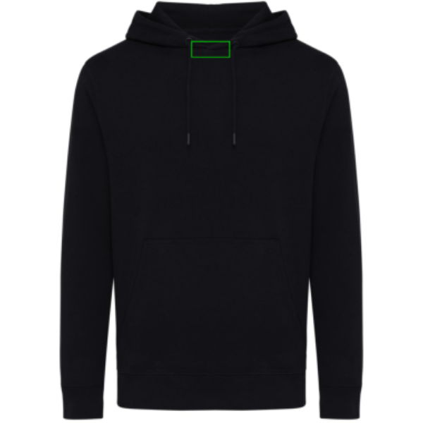 Standskizze: Druckverfahren Digital Transfer auf Position „Im Nacken (max. 70 x 30 mm)“ – iqoniq Rila Hoodie aus 30 % recycelter und 70 % Bio-Baumwolle, bedruckbar