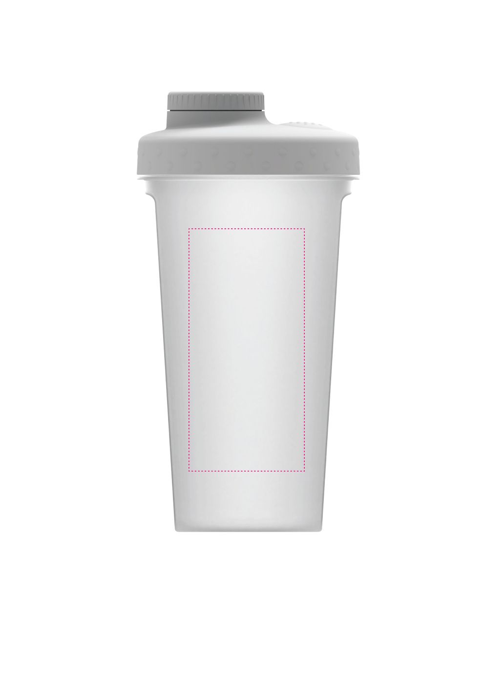 Standskizze: Druckposition „zwischen den abgeflachten Segmenten - rechts (max. 50×105 mm)“ – Protein-Shaker Energy 600 ml – transparent mit Sieb und Skala