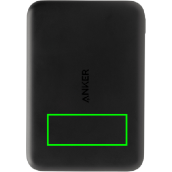 Standskizze: Druckverfahren Tampondruck auf Position „Artikel Rückseite unten (max. 50 x 20 mm)“ – Anker Nano Wireless Powerbank 5.000 mAh, magnetisch Qi2 15 W, bedruckbar mit Logo