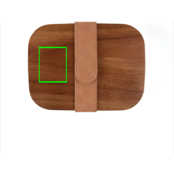Standskizze: Druckverfahren Tampondruck auf Position „Artikeloberseite links“ – VINGA Ciro Lunchbox aus 39 % RCS-recyceltem Edelstahl mit FSC-Akazienholz-Deckel