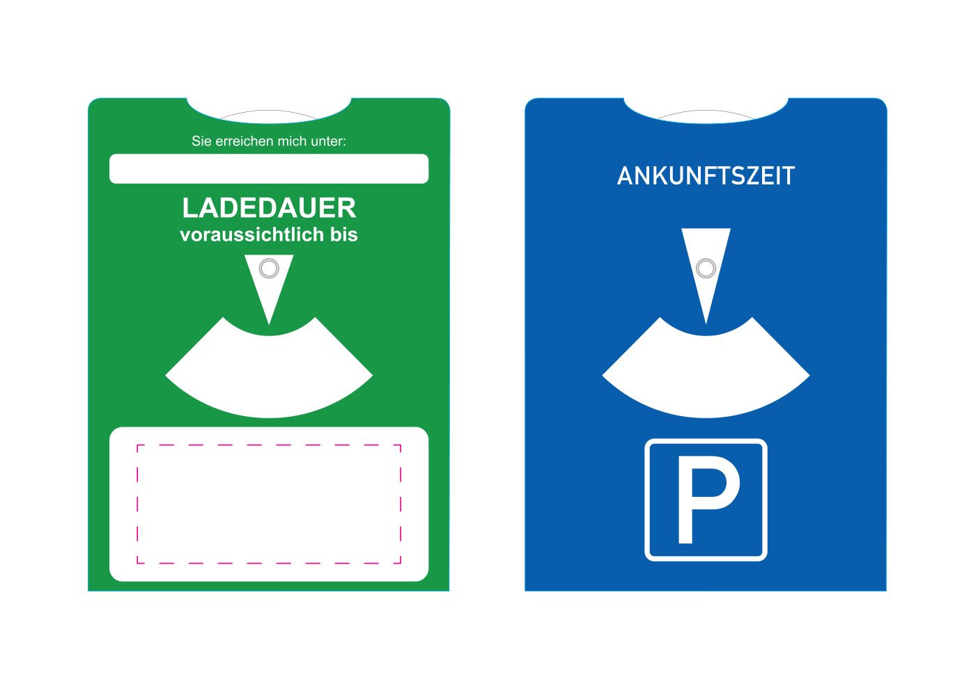 Standskizze: Druckposition „im Werbefeld (max. 80×36 mm)“ – Papp-Parkscheibe E-Mobility – mit Ladezeitanzeige für E-Fahrzeuge