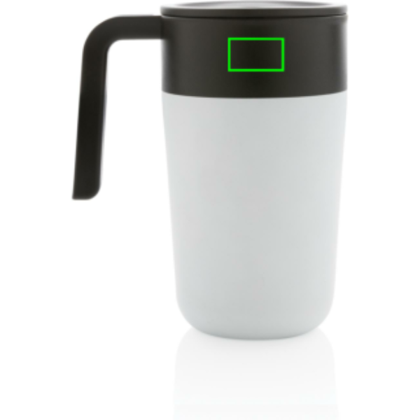 Standskizze: Druckverfahren Tampondruck auf Position „Artikel Rückseite oben (max. 25 x 15 mm)“ – XD Collection GRS recycelter PP-Becher mit Griff 480 ml, Edelstahl, BPA-frei