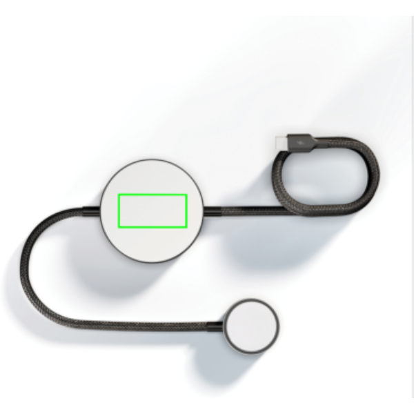 Standskizze: Druckverfahren Lasergravur auf Position „Artikel oben (max. 40 x 20 mm)“ – Zens Ladekabel Pro 2 mit Qi2, 15 W und Apple-Watch-Modul, mit Logo