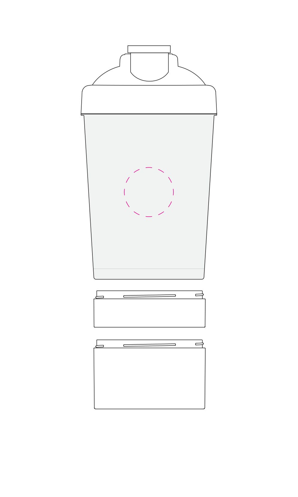 Standskizze: Druckposition „mittig gegenüber Skala (max. Ø 35 mm)“ – Protein-Shaker Pro 2+ 400 ml – modular mit Sieb und zwei Zusatzkammern