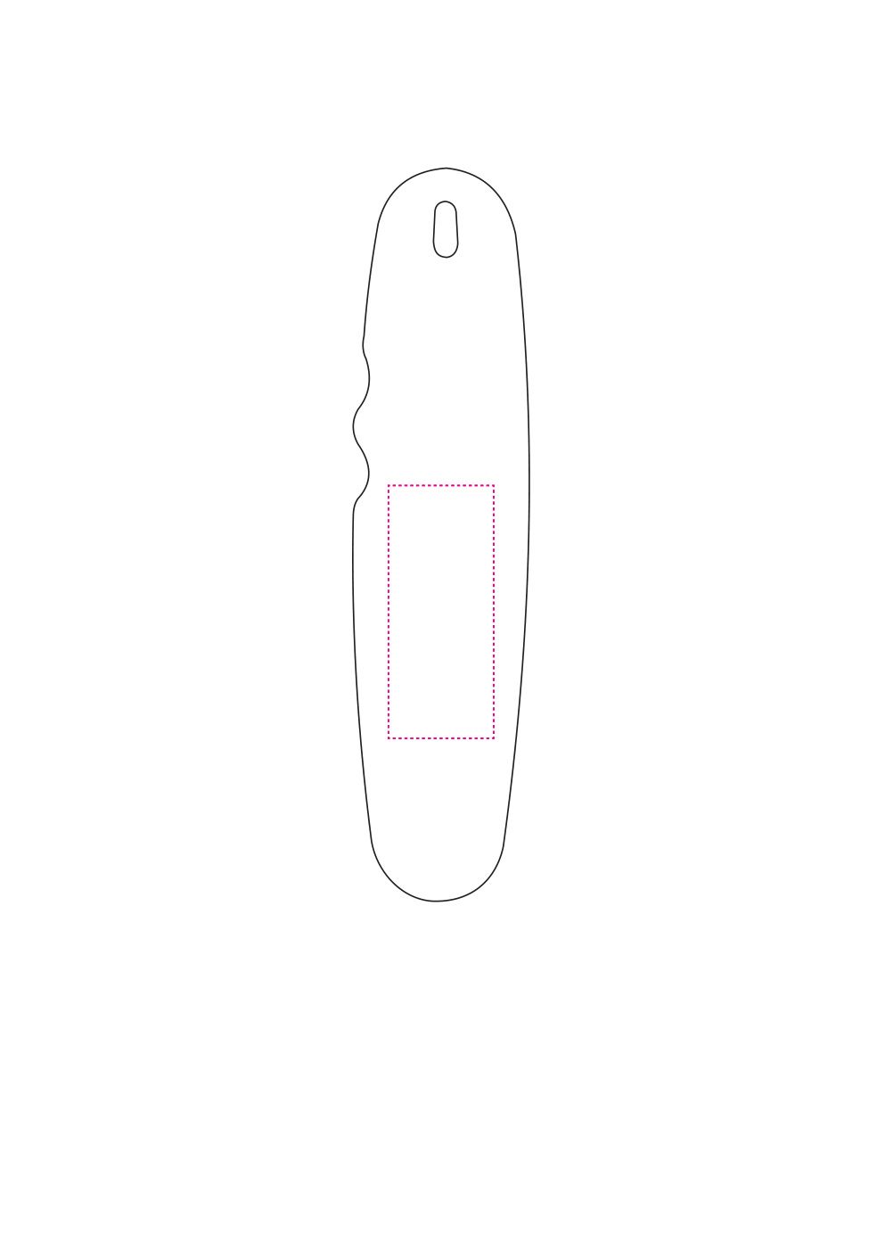 Standskizze: Druckposition „auf Rückseite unter Prägung (max. 25×60 mm)“ – Schuhlöffel Grip – Kunststoff 174 mm mit Aufhänge-Öse