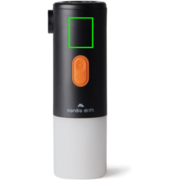Standskizze: Druckverfahren Tampondruck auf Position „Artikel Vorderseite (max. 20 x 25 mm)“ – Nordic Drift Titan 2-in-1-Luftpumpe und Campinglampe mit Logo (Tampondruck)