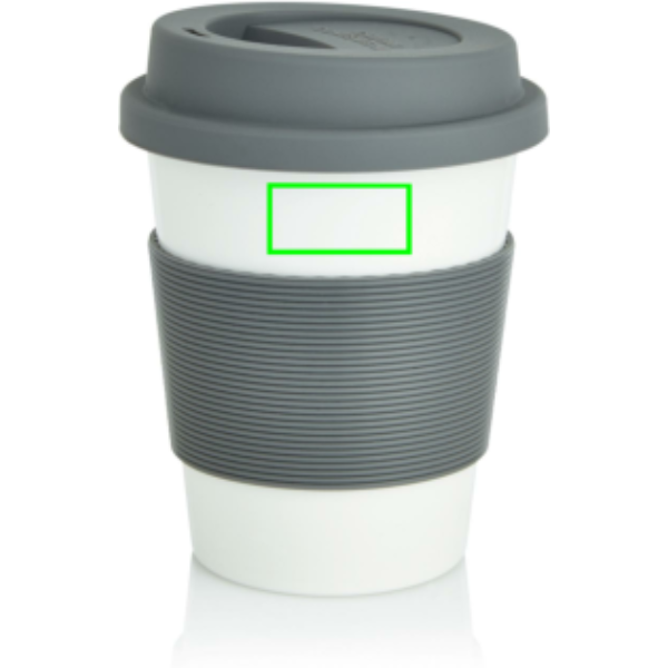 Standskizze: Druckverfahren Tampondruck auf Position „Artikel Rückseite oben (max. 30 x 15 mm)“ – PLA-Kaffeebecher 350 ml mit Silikongriff – bedruckbar