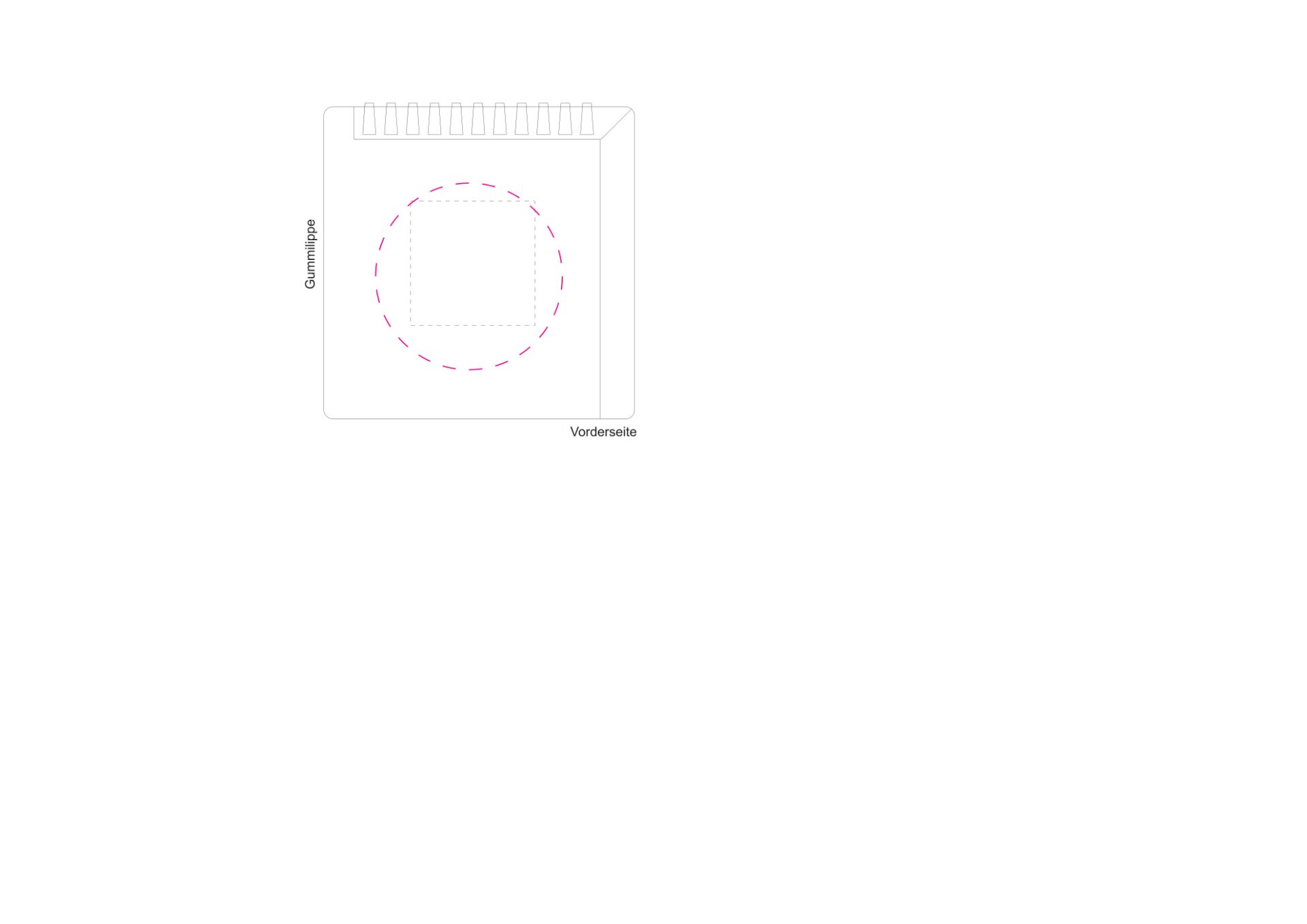 Standskizze: Druckposition „mittig auf Vorderseite (max. Ø 60 mm)“ – Eiskratzer Quadrat mit Wasserabstreifer – Kunststoff 103 × 100 mm
