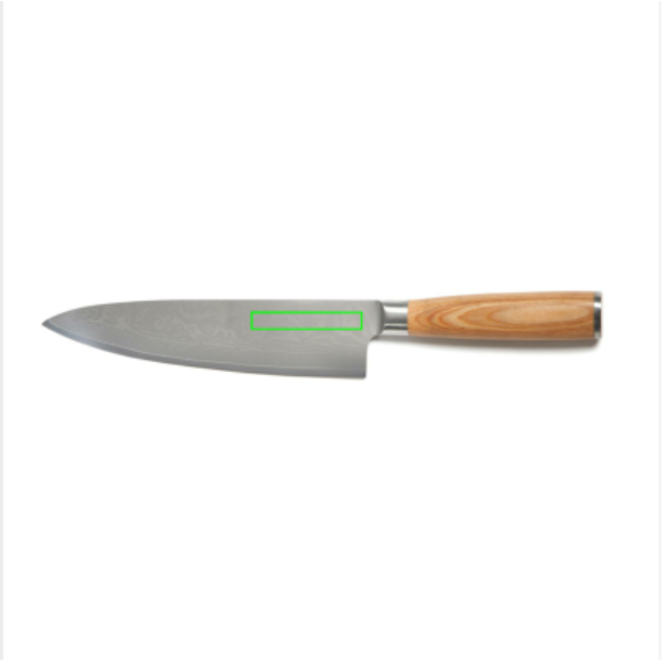 Standskizze: Druckverfahren Lasergravur auf Position „Messer (max. 60 x 10 mm)“ – VINGA Hattasan Damascus Kochmesser mit Pakkaholz-Griff – mit Logo veredelbar