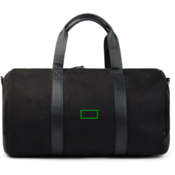 Standskizze: Druckverfahren PU-Etikett Brendon auf Position „Artikel Rückseite“ – VINGA Marlow Wochenendtasche aus RCS-recyceltem Polyester (46 %) mit Logo-Druck