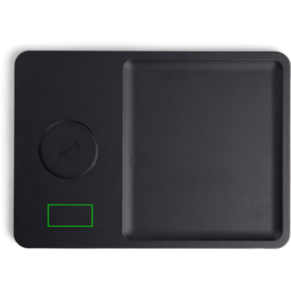 Standskizze: Druckverfahren PU-Etikett Brendon auf Position „Artikel linke Seite unten (max. 60 x 30 mm)“ – VINGA Timo Wireless Charger 15W mit Ablage aus recyceltem ABS