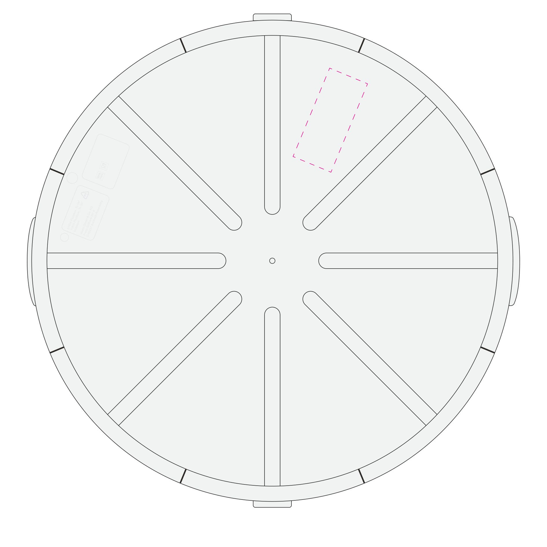 Standskizze: Druckposition „innen auf ein Segment (max. 30×70 mm)“ – Pizzabox ToGo Ø358 mm – Mehrweg-Alternative aus Kunststoff