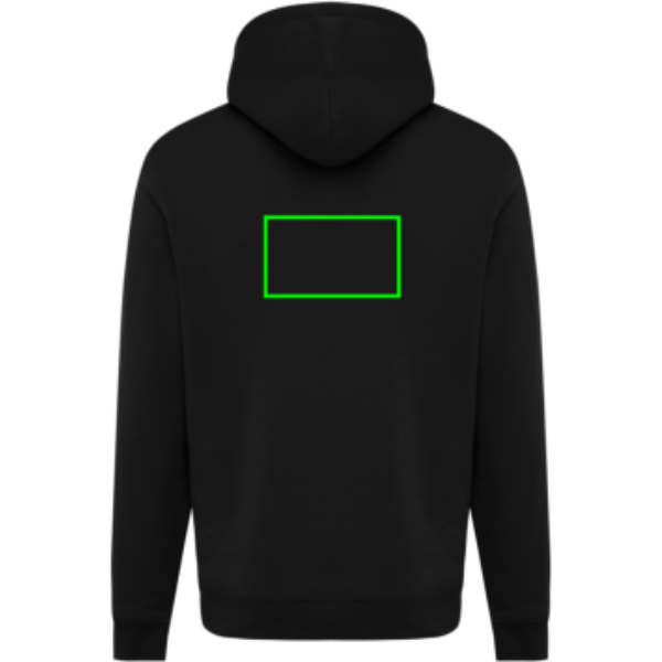 Standskizze: Druckverfahren Bestickung auf Position „Artikel Rückseite“ – IQONIQ Joshua Hoodie 340 g/m² aus Bio- und recycelter Baumwolle – mit Logo bestickbar und bedruckbar