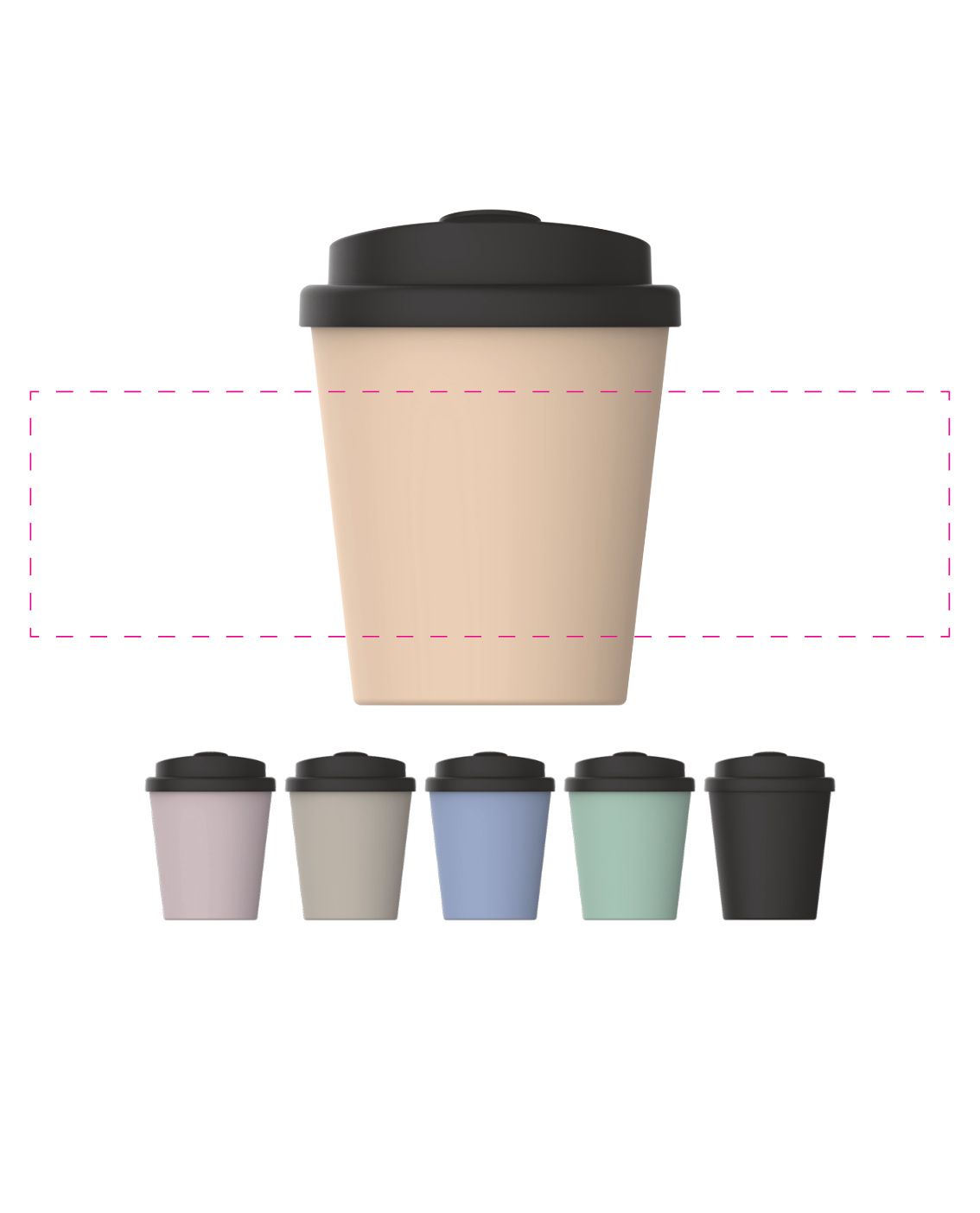 Standskizze: Druckposition „rundum 2 cm zwischen Anfang und Ende (max. 225×60 mm)“ – Kaffeebecher PremiumPlus 250 ml – doppelwandig mit Trink-Deckel