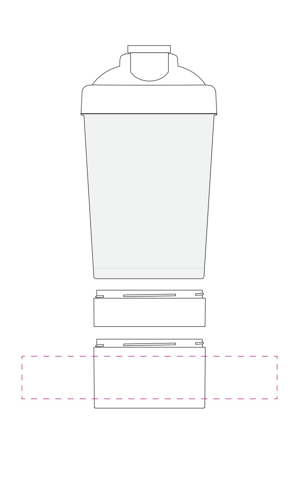 Standskizze: Druckposition „auf Pulverfach (max. 180×30 mm)“ – Protein-Shaker Pro 2 mit Pulverfach – 400 ml, Made in Germany