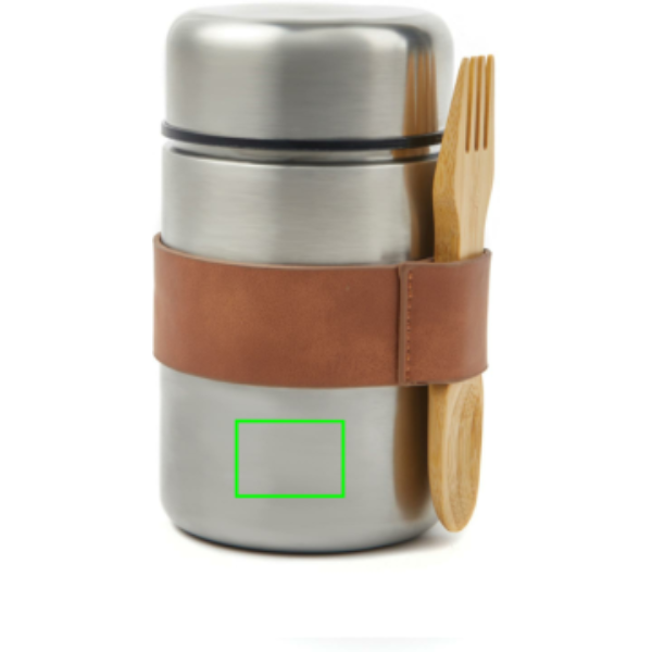 Standskizze: Druckverfahren Lasergravur auf Position „Artikel Vorderseite unten (max. 35 x 25 mm)“ – VINGA Miles Thermo-Lunchbox 500 ml aus Edelstahl mit Holzlöffel