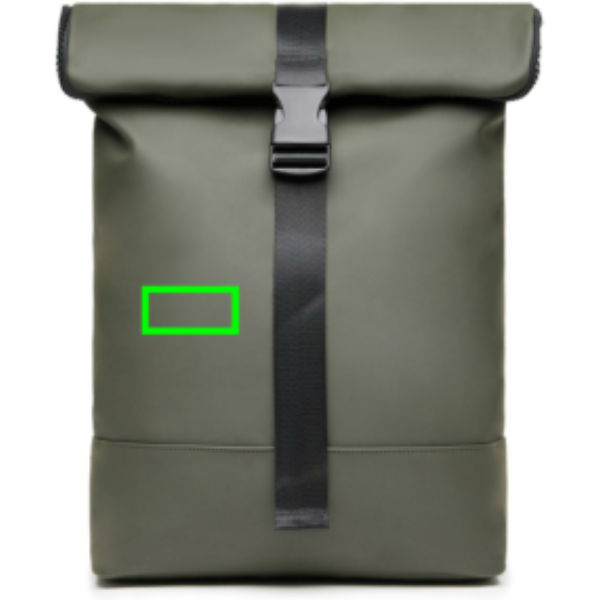 Standskizze: Druckverfahren PU-Etikett Baltimore grün auf Position „Artikel Vorderseite links“ – VINGA Baltimore Fahrradtasche mit 17-Zoll-Laptopfach, wandelbar zum Rucksack