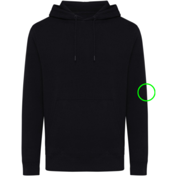 Standskizze: Druckverfahren Bestickung auf Position „Ärmel links“ – iqoniq Rila Hoodie aus 30 % recycelter und 70 % Bio-Baumwolle, bedruckbar