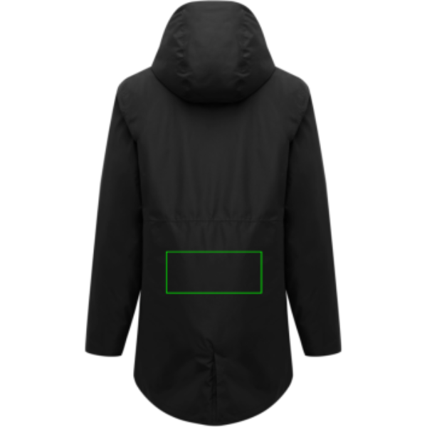 Standskizze: Druckverfahren Digital Transfer auf Position „Artikel Rückseite unten“ – IQONIQ Thelon Parka aus 100% recyceltem Polyester (GRS) – bedruckbar & bestickbar