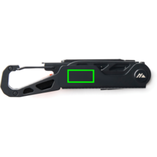 Standskizze: Druckverfahren Lasergravur auf Position „Artikel Vorderseite (max. 20 x 10 mm)“ – Nordic Drift Adventure Multitool 12-in-1 mit Logo-Werbeanbringung