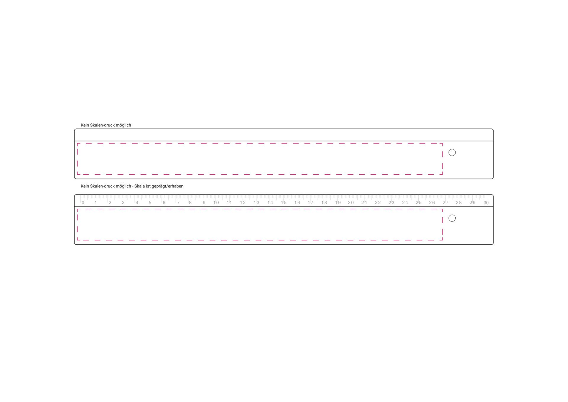Standskizze: Druckposition „links vom Loch (max. 270×23 mm)“ – Lineal 30 cm aus Kunststoff – mit Logo bedruckbar