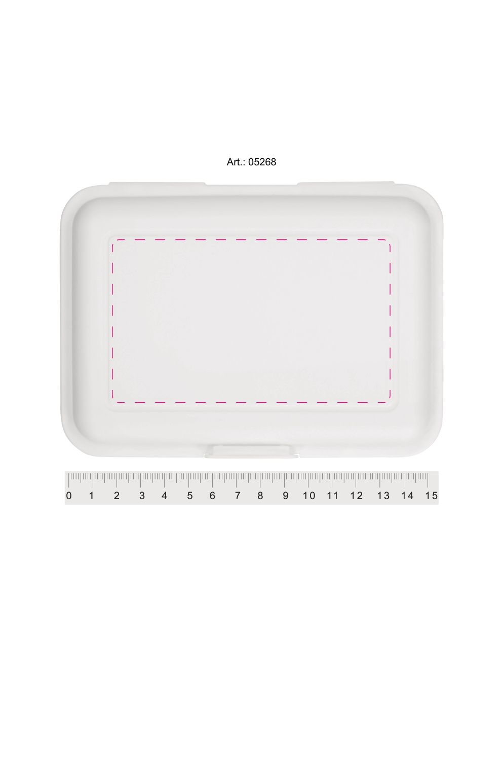 Standskizze: Druckposition „mittig (max. 116×68 mm)“ – Vorratsdose School-Box Junior – Kunststoff 160 × 117 mm mit Klickverschluss