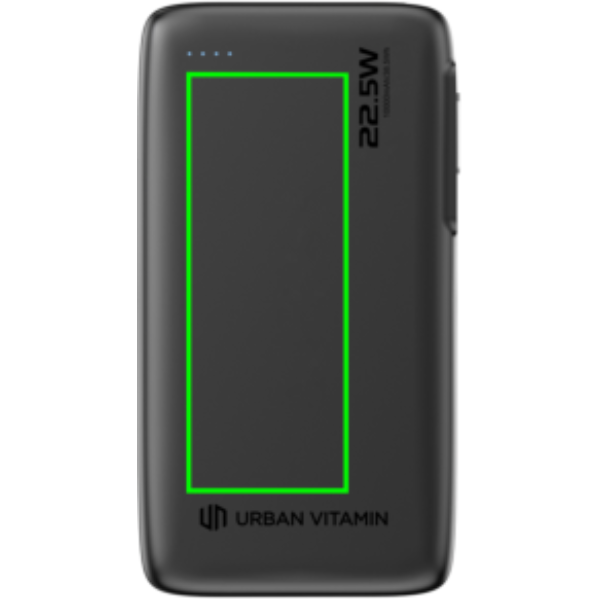 Standskizze: Druckverfahren Digitalprint auf Position „Artikel Vorderseite“ – Urban Vitamin Emeryville Powerbank 10.000 mAh mit integriertem USB-C-Kabel