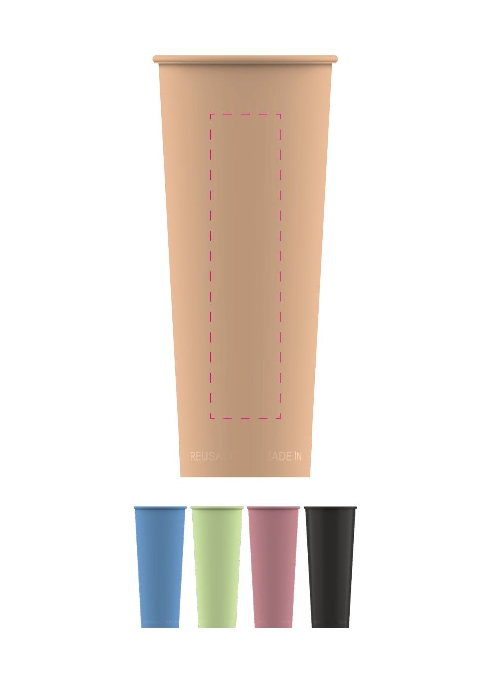Standskizze: Druckposition „mittig (max. 30×130 mm)“ – Mehrwegbecher ToGo 0,5 l – Kunststoff, spülmaschinenfest
