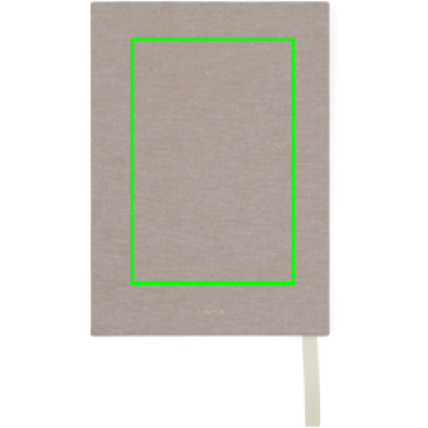 Standskizze: Druckverfahren Digital Transfer auf Position „Artikel Rückseite (max. 100 x 150 mm)“ – VINGA Thankfulness Dankbarkeitstagebuch A5 mit Stoffeinband, GRS-Recyclingpapier